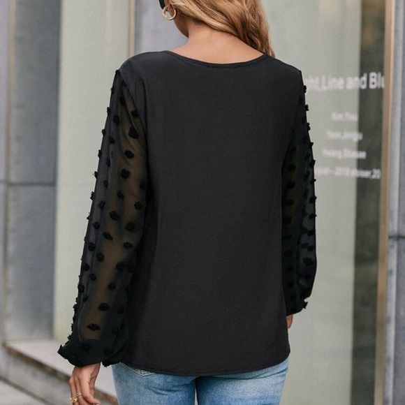 Long sleeve mesh polkadot v neck top tan cream khaki - Picture 5 of 6